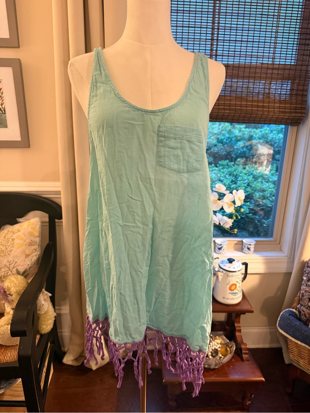 Victoria's Secret Mint Green Tank Chemise with Purple Fringe